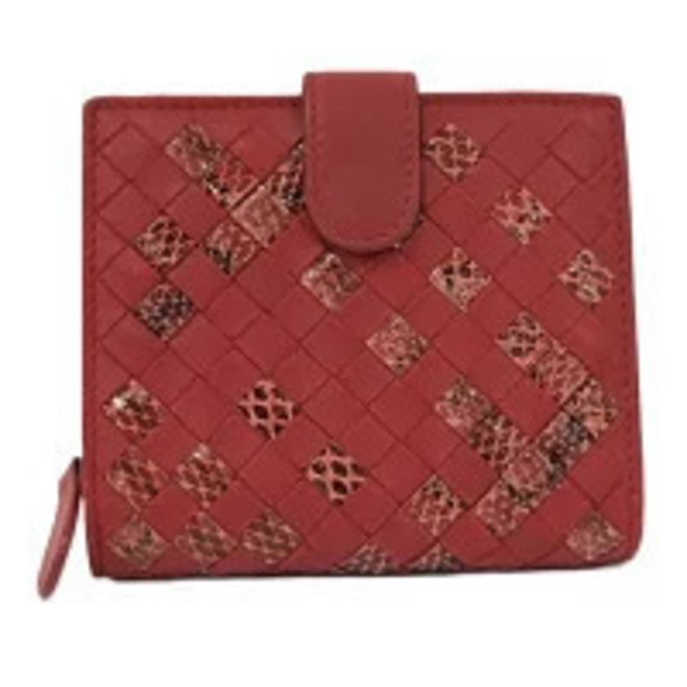BOTTEGA VENETA Compact Wallet Intrecciato Leather Python Red